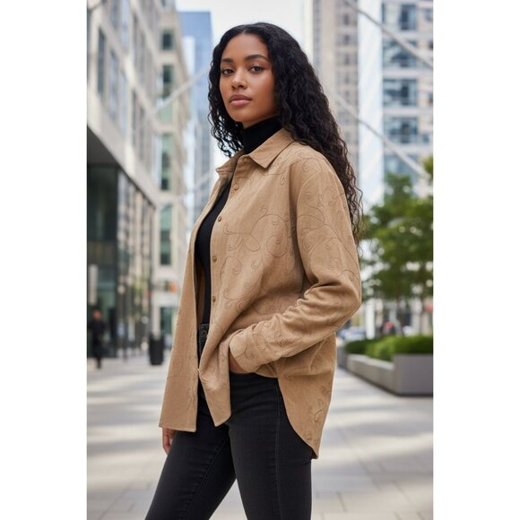 NEW Croft & Barrow Womens XL Embroidered Button Blouse Top Shirt Boho Brown Tan - Picture 1 of 9